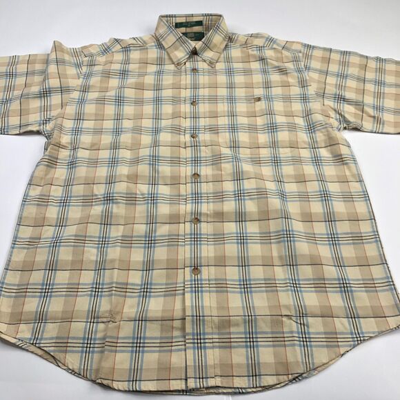 Orvis 90s Medium Multicolor Cotton Mens Button Short Sleeve Shirt Beige Tan - Picture 1 of 5